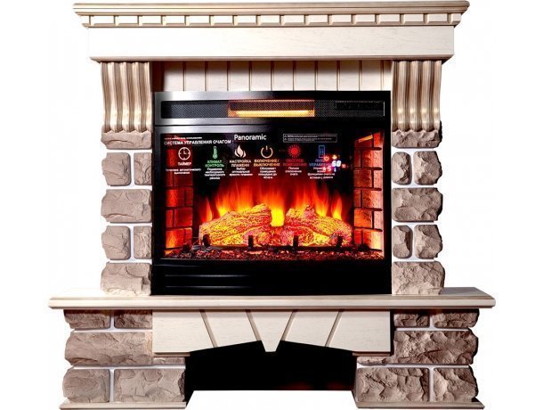 Каминокомплект Interflame Экстер Кавказ бежевый патина с очагом Panoramic 06 25 LED FX