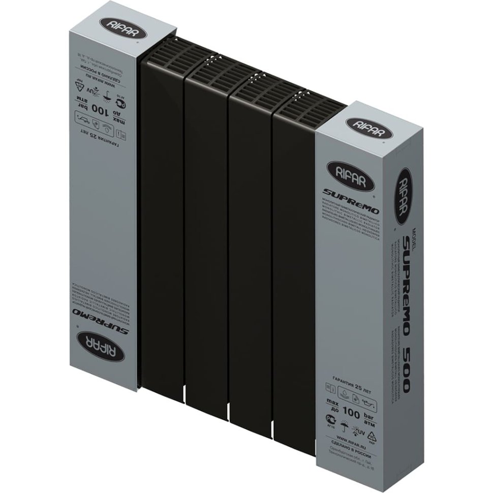 Биметаллический радиатор отопления Rifar Supremo 500 боковое подключение 12 секций антрацит