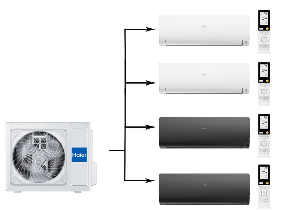 Мульти сплит-система на 4 комнаты 25+25+35+35 м2 Haier 2х AS25S2SF2FA-W+2х AS35S2SF2FA-B/4U85S2SR5FA Flexis Super Match